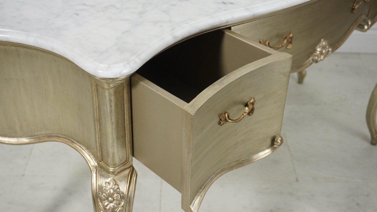 French Louis Vanity Make up Console Mahogany Silver Leaf White Marble