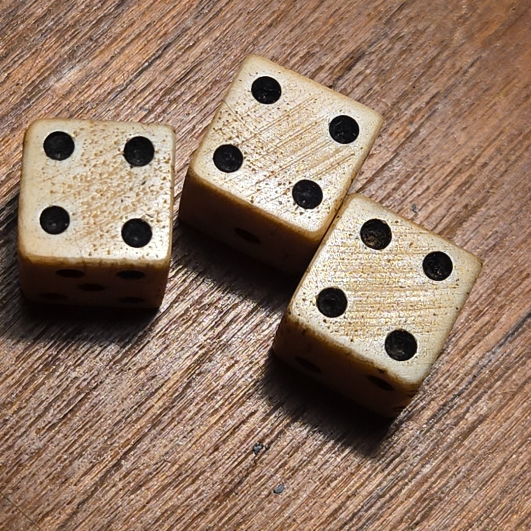 1765 Stamp Act taxed cattle bovine dice with black pips 3 Dice Vintage Hand Cut