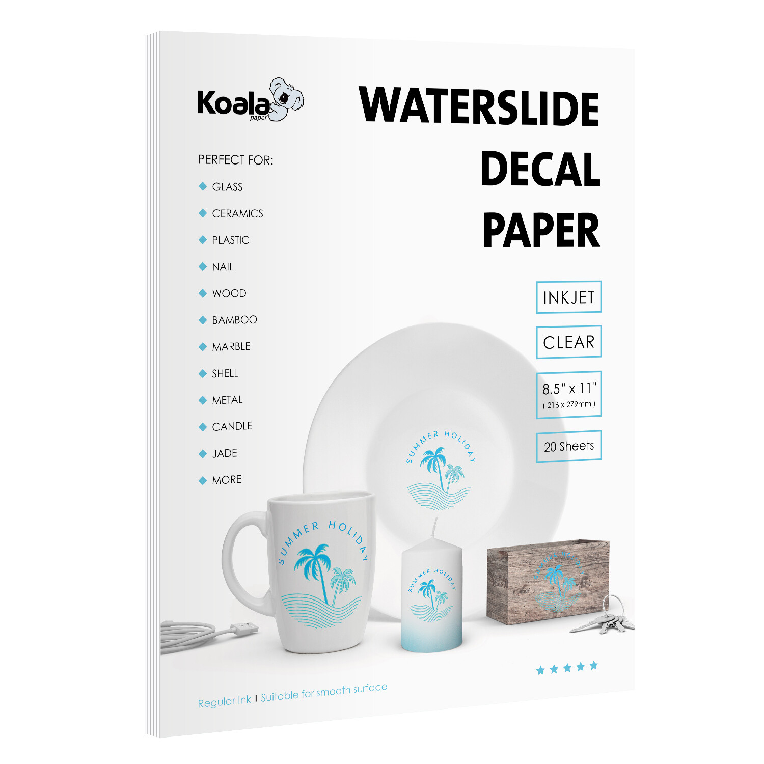 Koala Waterslide Decal Paper Inkjet CLEAR 20 Sheets 8.5x11 Water Slide Transfer
