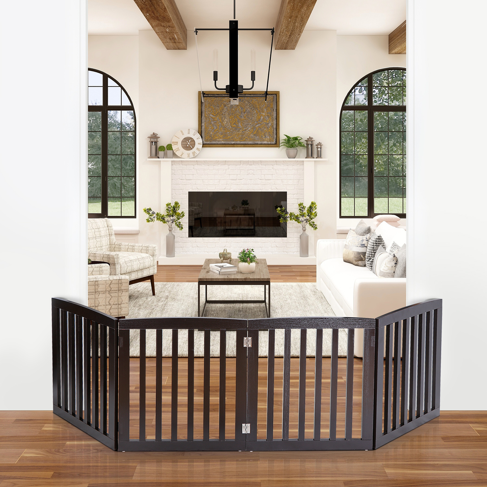 Freestanding Pet Dog Gate 4 Panels Indoor Foldable Dog Fence for Stairs Brown