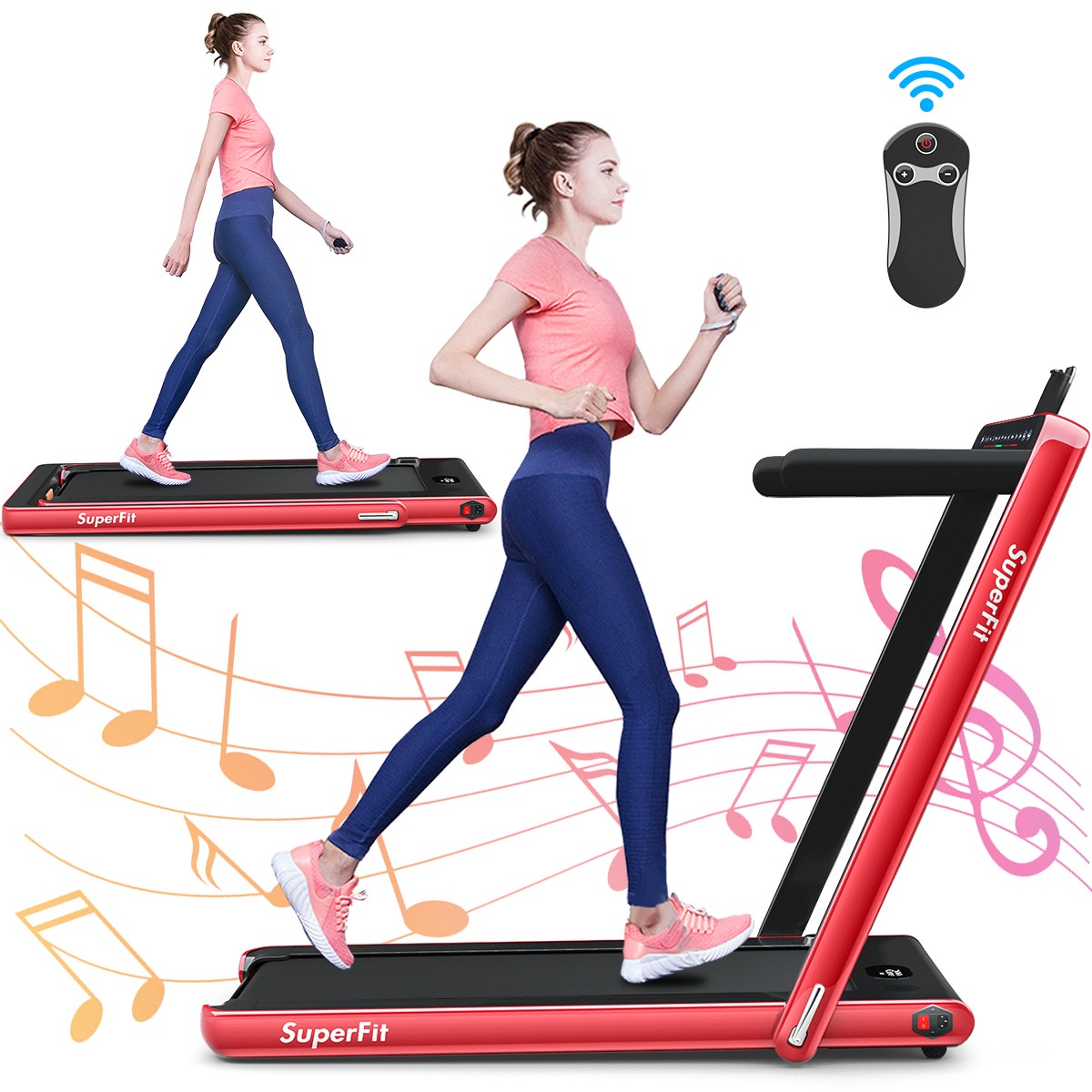 2 in 1 Folding Treadmill 2.25HP Running Machine w/ Dual Display Red