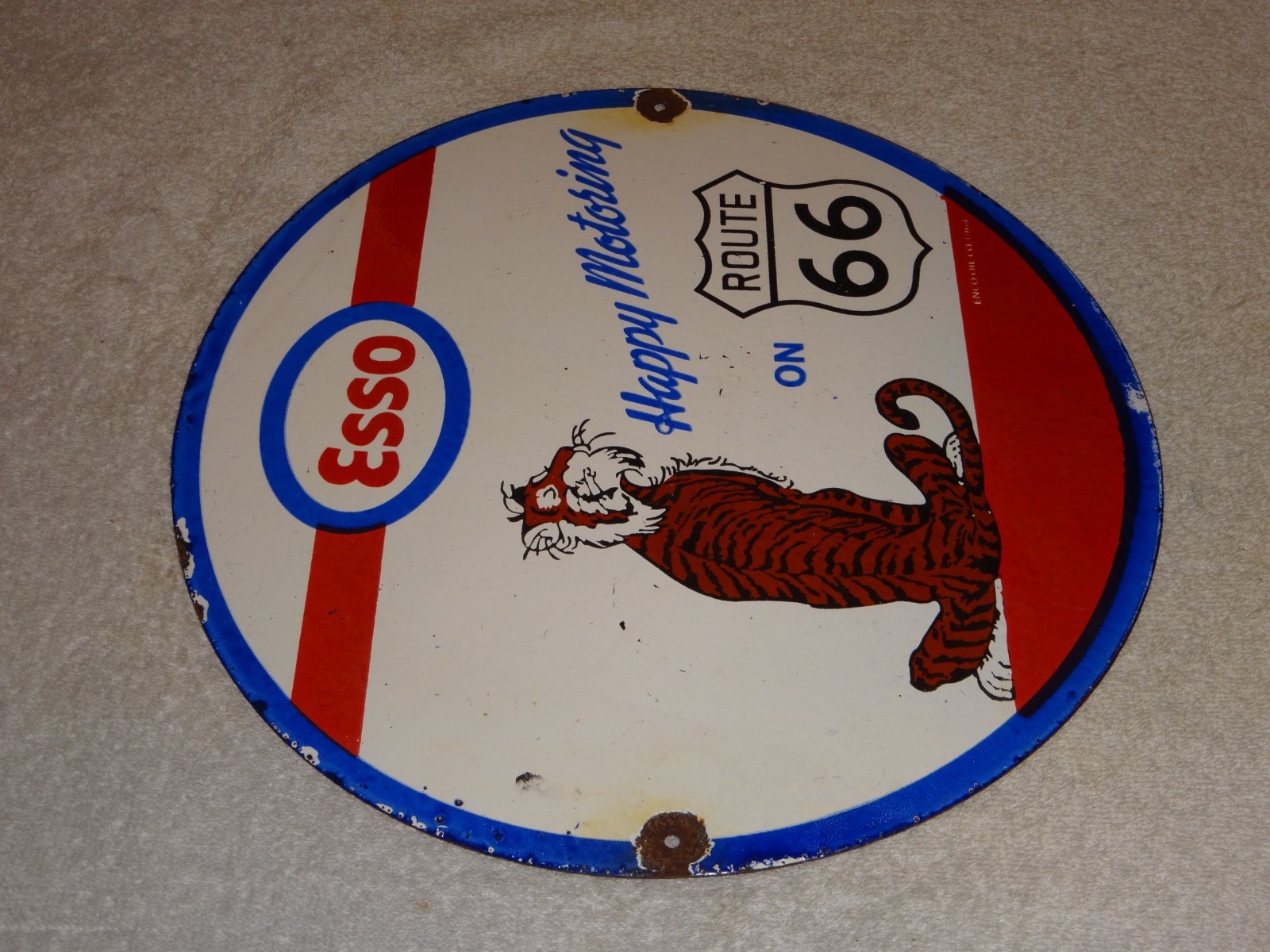 VINTAGE 1964 ESSO PUT A TIGER IN GAS TANK +ROUTE 66 11 3/4" PORCELAIN METAL SIGN