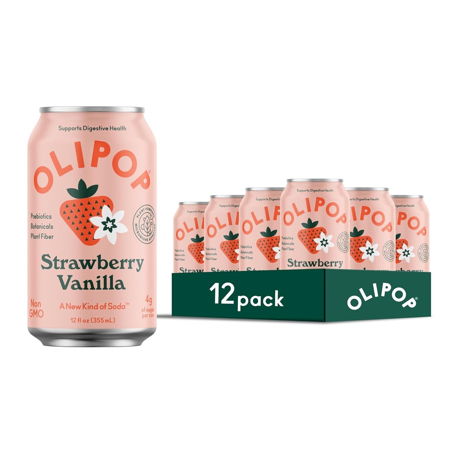 OLIPOP Prebiotic Soda Pop Strawberry Vanilla 12oz 12 Cans – Low Sugar Gut Health