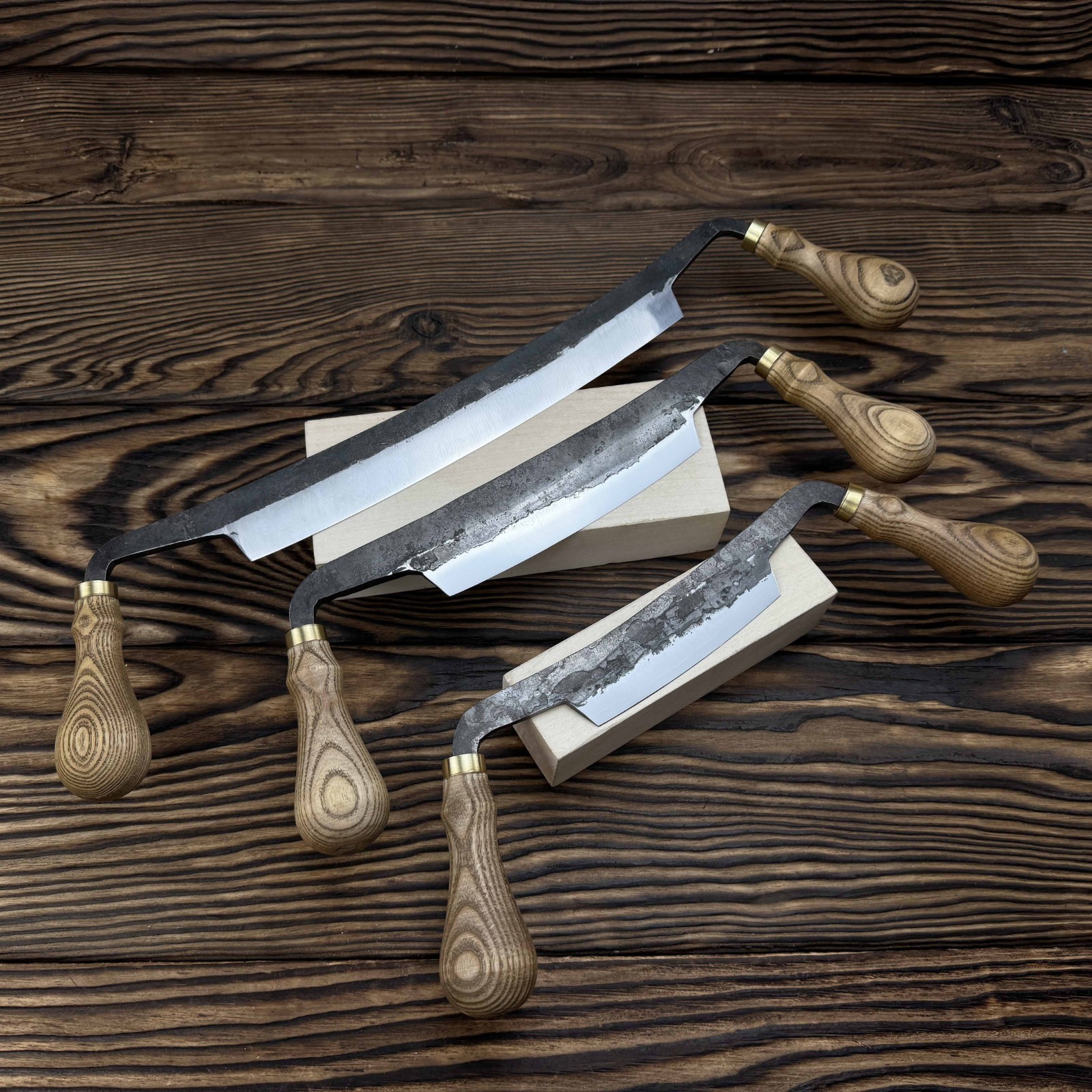 Straight Drawknife Hand-Forged 3-piece Set Ash Handles Steel Blades Gift.