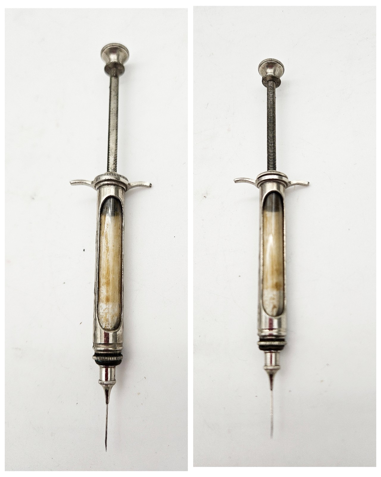 Antique Medical Surgical Glass Metal Syringe Hypodermic Leather Case Set Needle