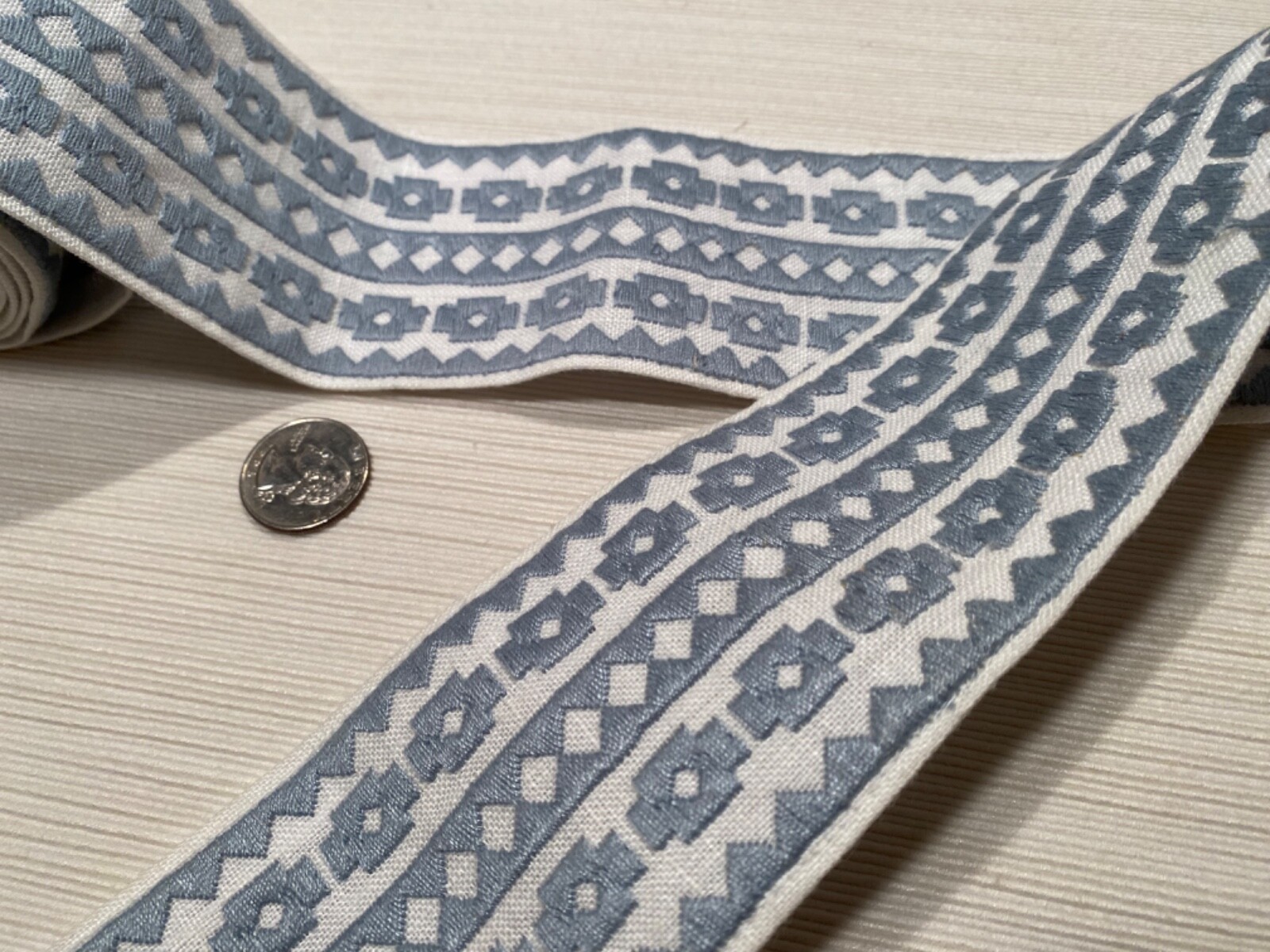 SCHUMACHER 79920 Talitha Tape Sky 85% Linen Embroidered Passementerie Trim BTY