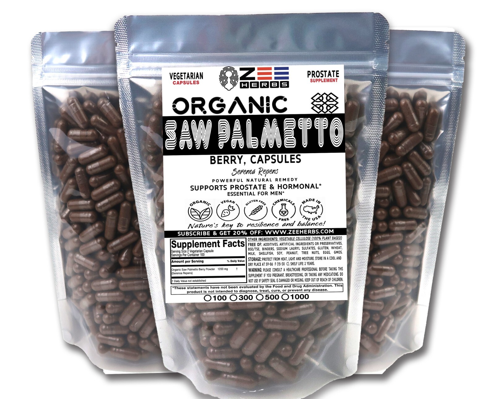 Organic Saw Palmetto Berry Capsules - 1200mg Pure Natural Saw Palmetto Berry