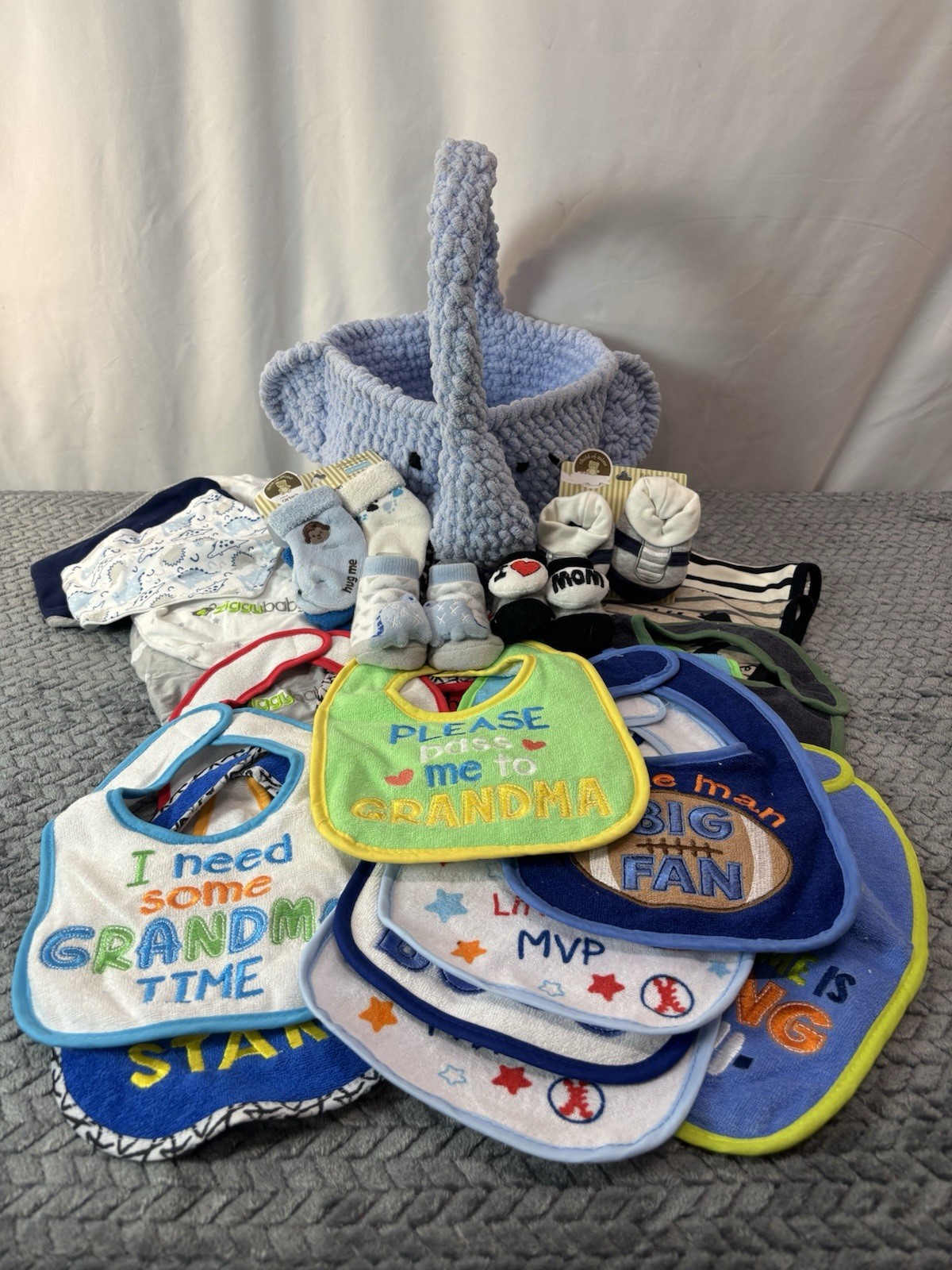 Baby Boy Newborn Gift Handmade Crochet Basket 23pc Set Bibs Socks Swaddles
