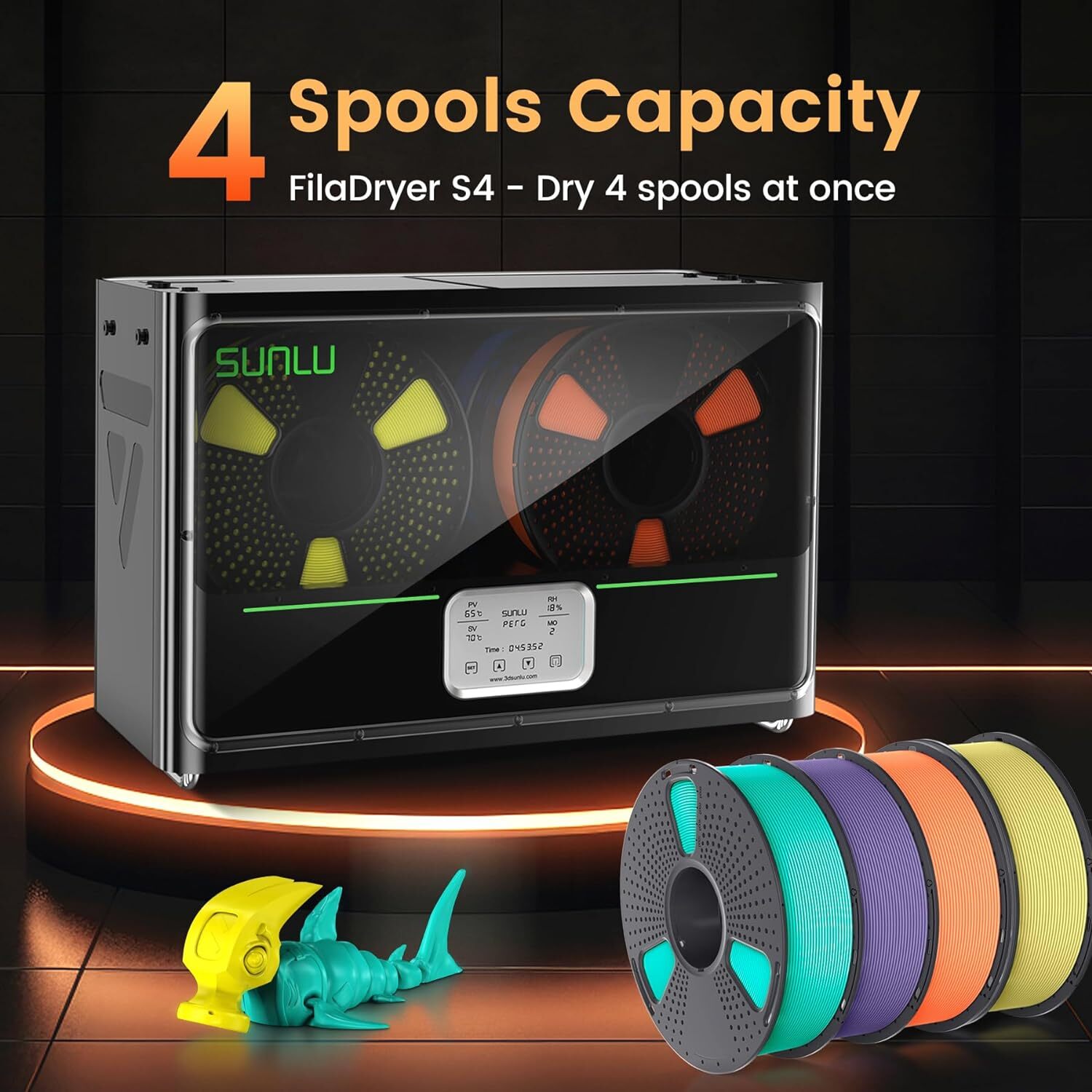 SUNLU S4 Filament Dryer Box,4 Spools Capacity,Black Weight 4.8KG,FilaDryer S4