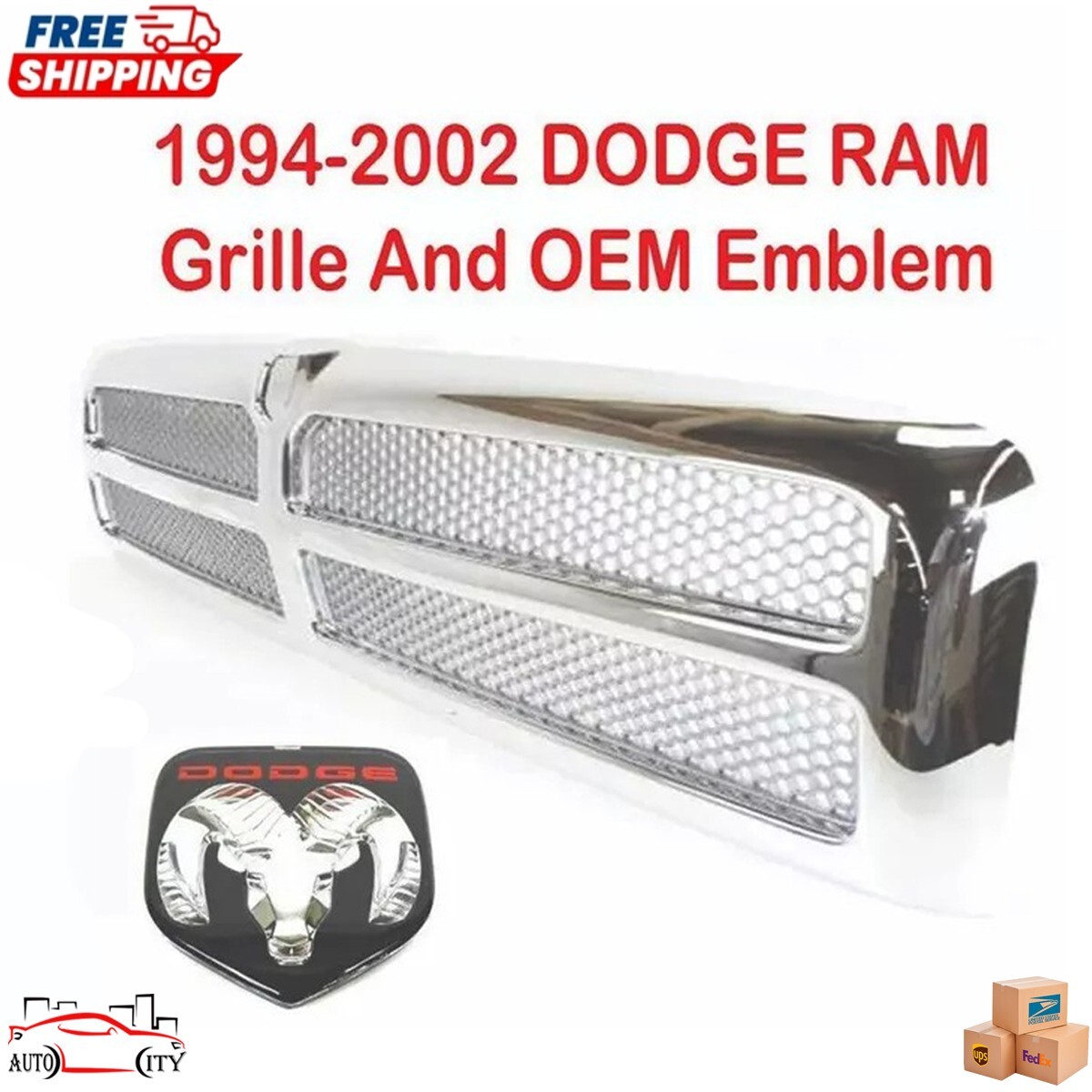 New Chrome Grille Assembly & Emblem 2PC For 1994-2002 Dodge Ram Pickup 2500 3500
