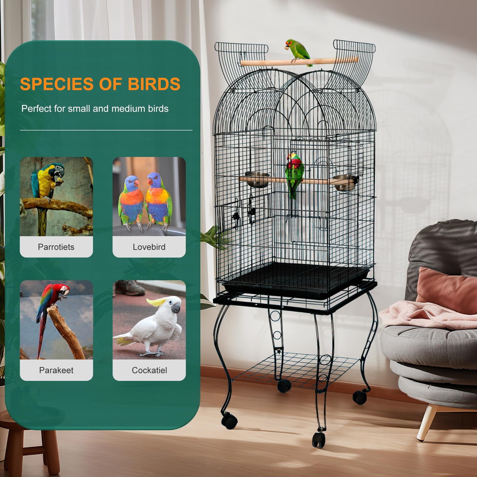 63.5 Inch Open-Top Wrought Iron Bird Cage with Slide-Out Tray and Rolling Stand
