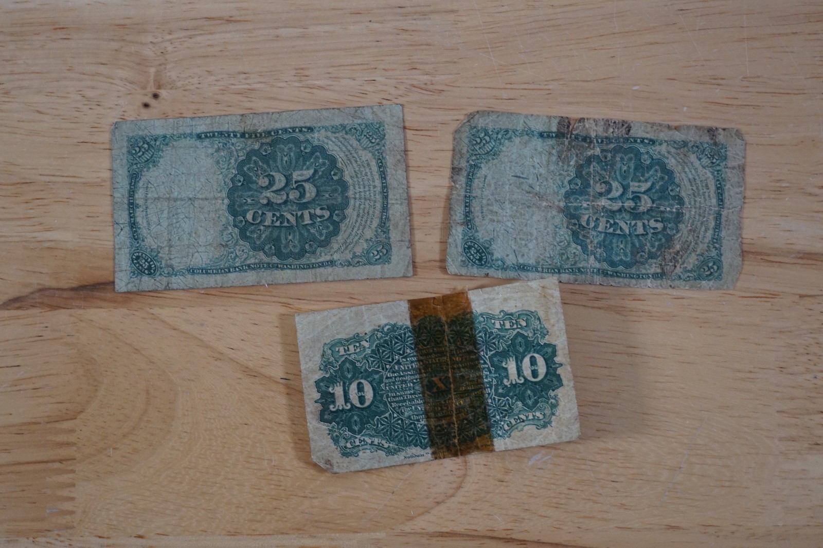 Lot of 2 1874 25c Twenty Five Cents Fractional Currency & 10c Ten Cents 1863