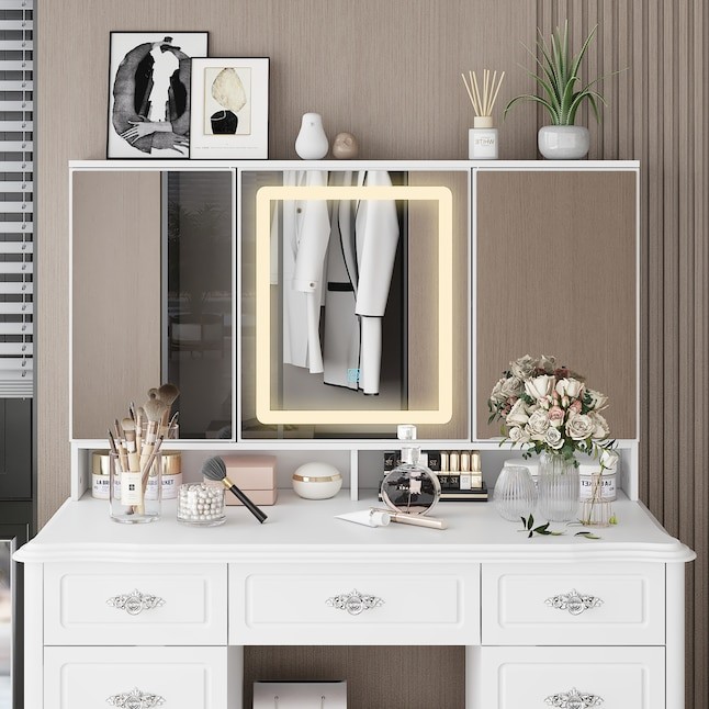 FUFU&GAGA 43.3-in White Makeup Vanity With Led Light