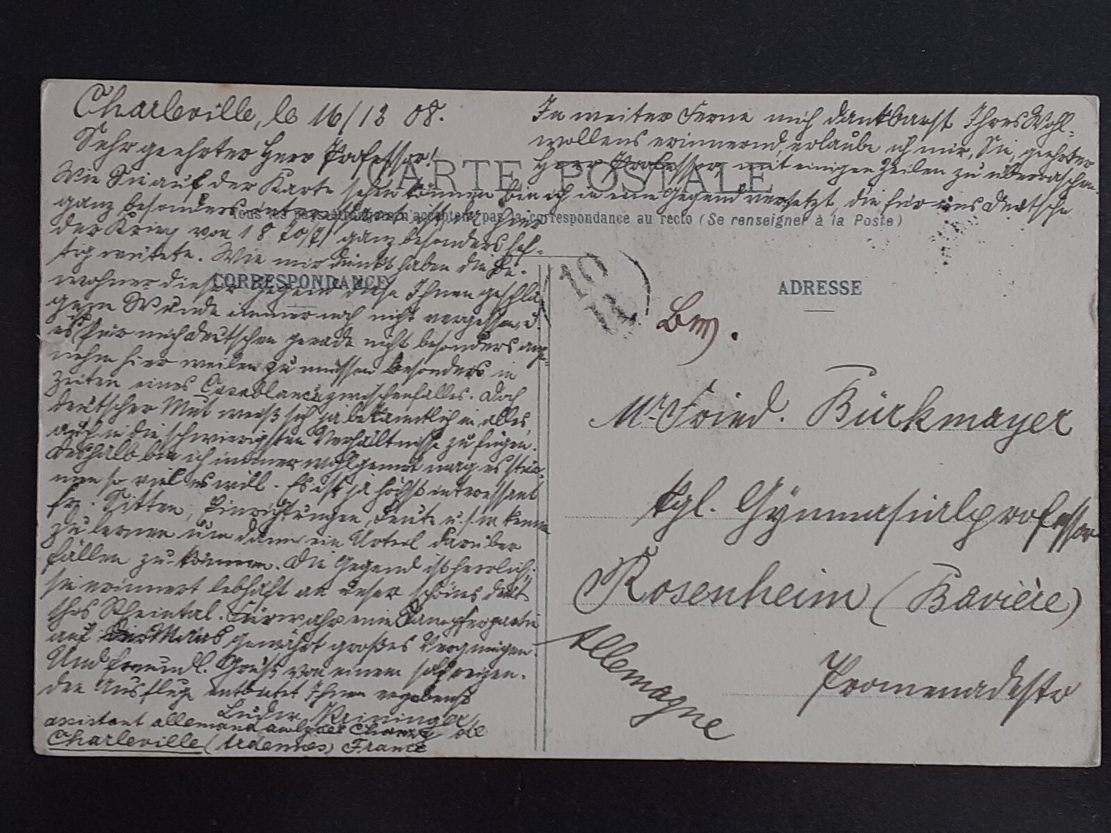 France - 1908 - Postcard from Meziers Charleville to Rosenheim - MeF. Mi 116