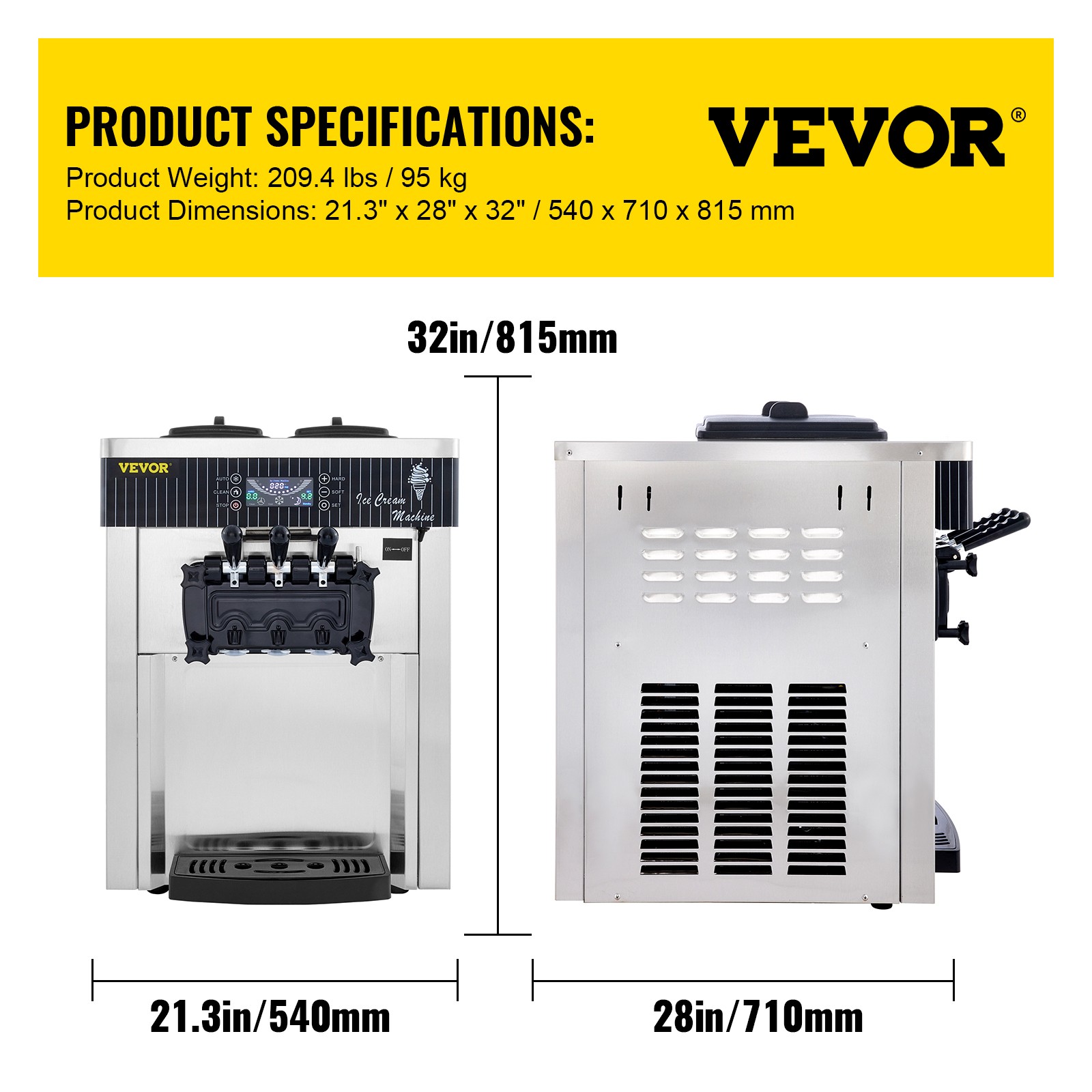 VEVOR Countertop Soft Ice Cream Machine Commercial 3 Flavors Ice Cream Maker