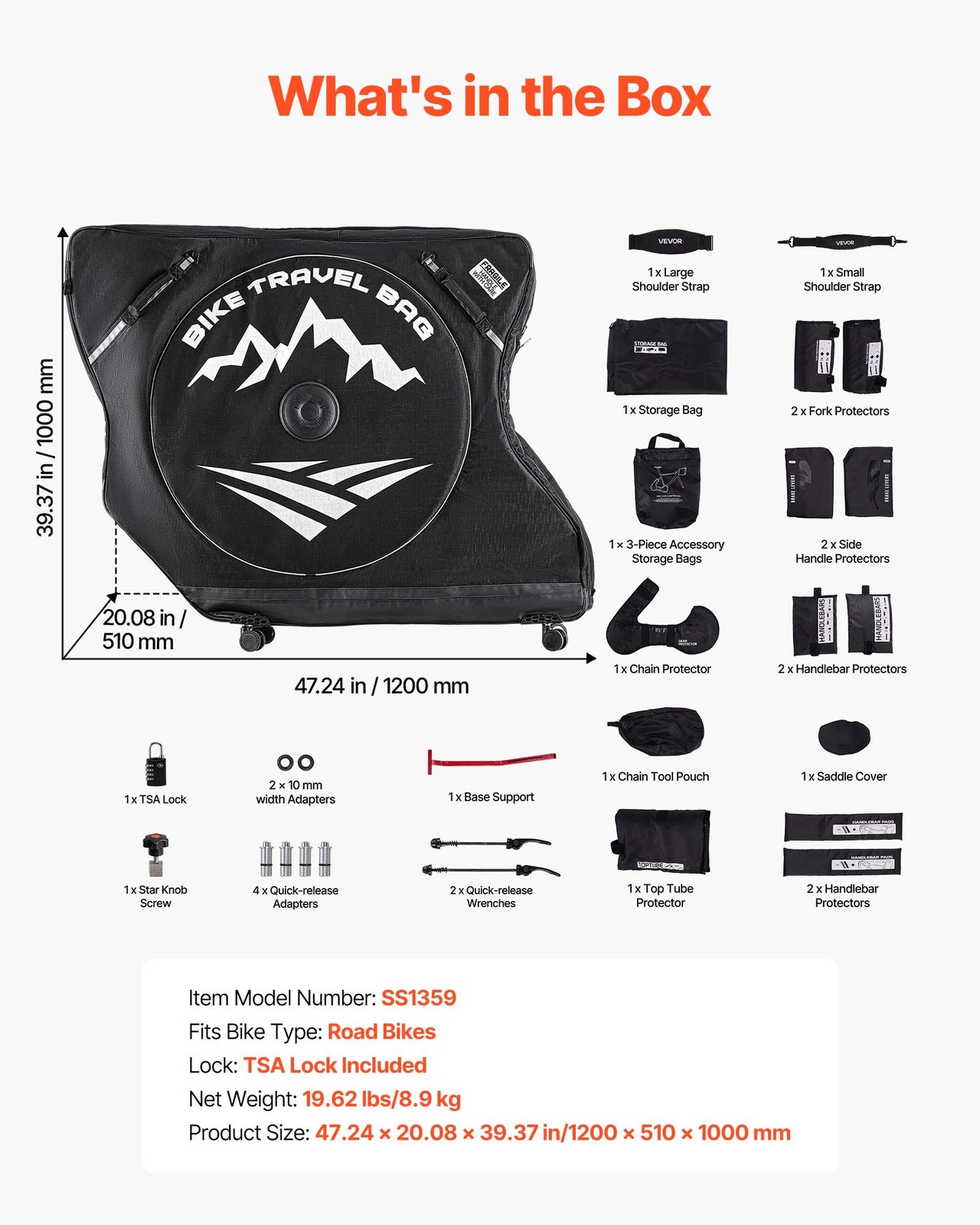 VEVOR Bike Travel Bag Wheelbase 37-42 in 600D Bicycle Storage Carry Bag