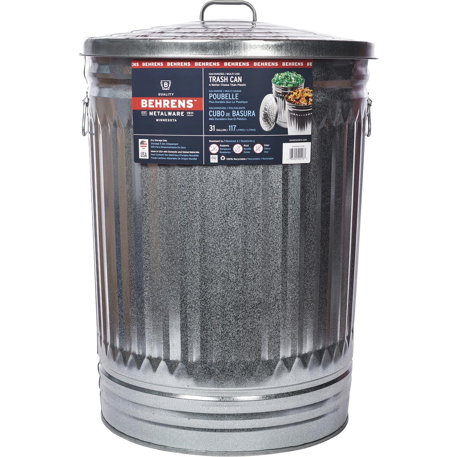 Behrens Galvanized Steel Trash Can with Lid, 31 Gal., 21in. Dia. × 29.75in.H