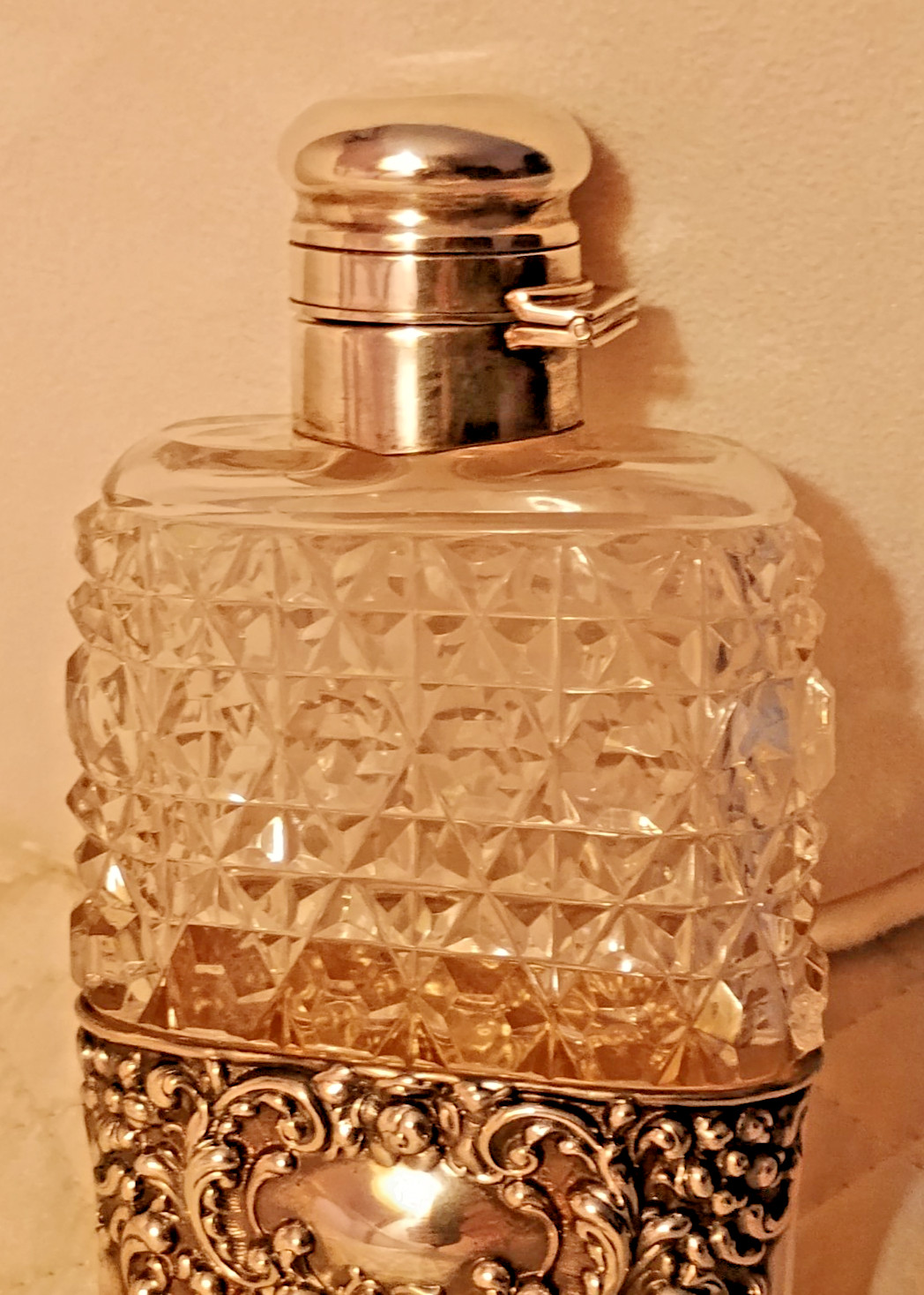 Vintage Crystal Flask w/ Sterling Silver Cup w 3D Repousse & Bayonet Mount Cup