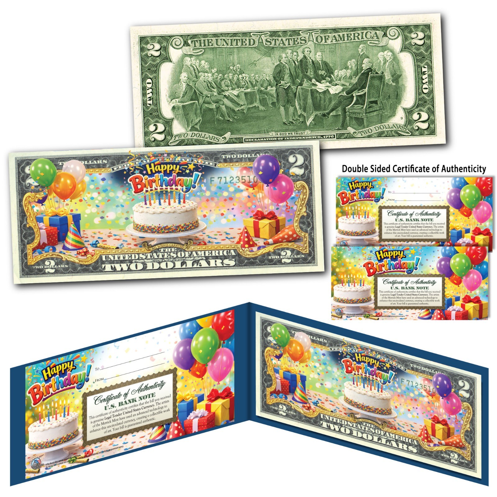 HAPPY BIRTHDAY Authentic $2 Bill All Wishes Granted Cake DUAL COA Full-View BDAY
