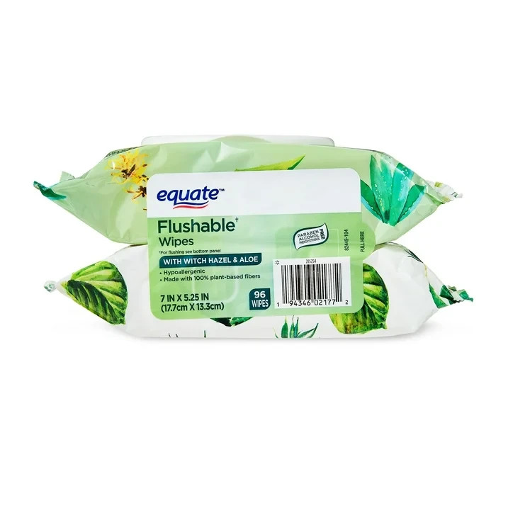 Equate Flushable Wet Wipes with Witch Hazel & Aloe, 96 Wipes (2 Pack)