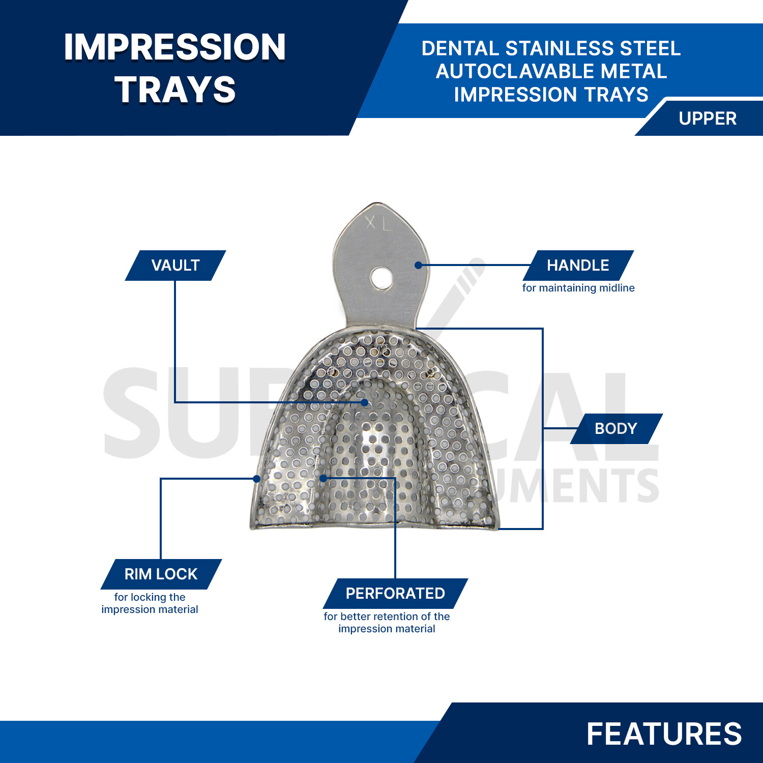 Dental Metal Impression Trays Solid & Perfo Stainless Steel Upper + Lower Choose