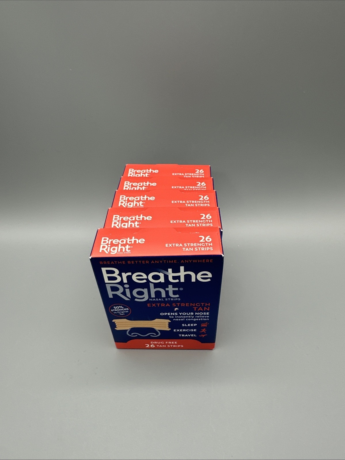 BREATHE RIGHT NASAL STRIPS, EXTRA STRENGTH TAN ( 5 x 26 CT BOXES ) EXP 2029