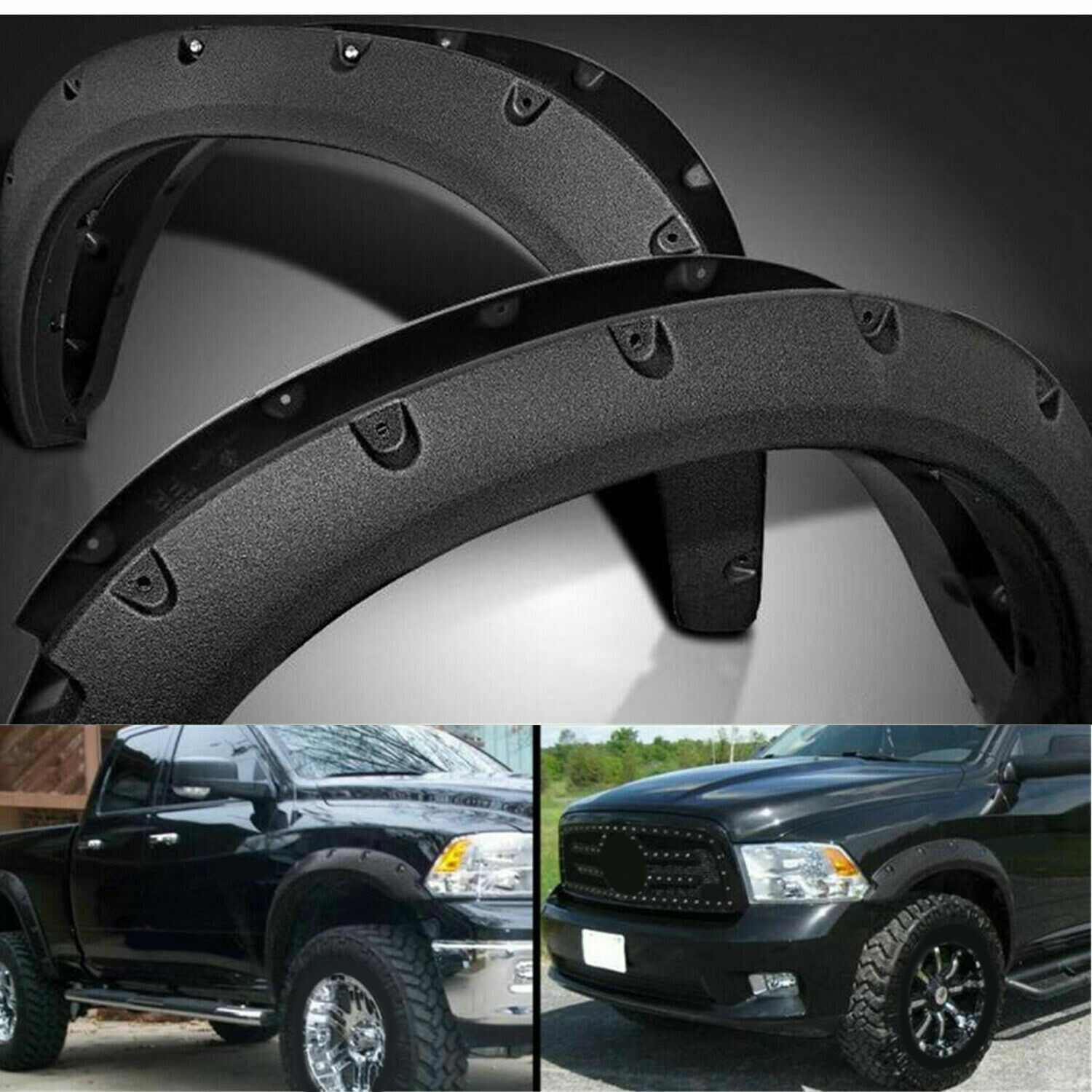 FOR 2009-23 19 DODGE RAM 1500 TEXTURED POCKET RIVETED STYLE WHEEL FENDER FLARES