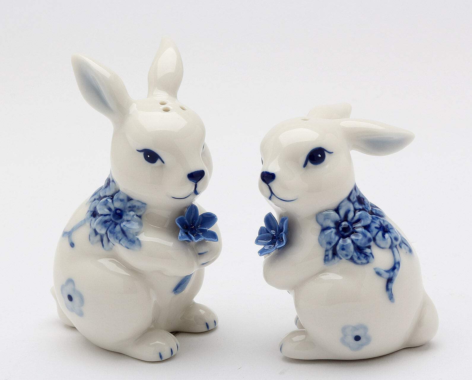 Ceramic Easter Bunny Rabbits with Blue Flowers Salt and Pepper Shakers, Gift for