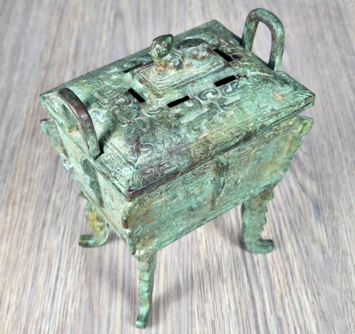 Chinese cast bronze Fang Ding Censer, dog lid, incense burner, signed