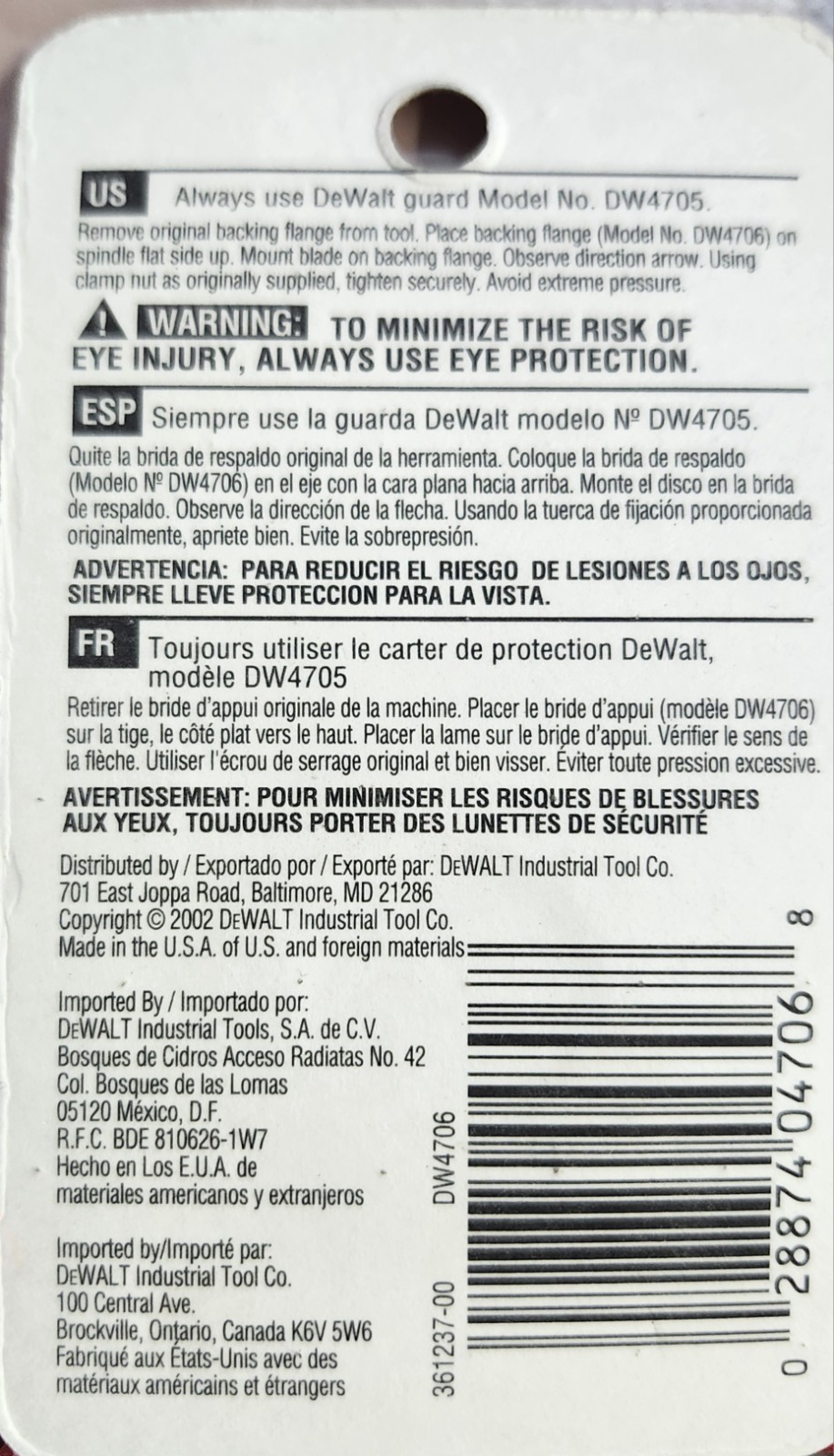 Dewalt 4.5” Backing Flange – DW4706 Dewalt Backing Flange NIB Original Package