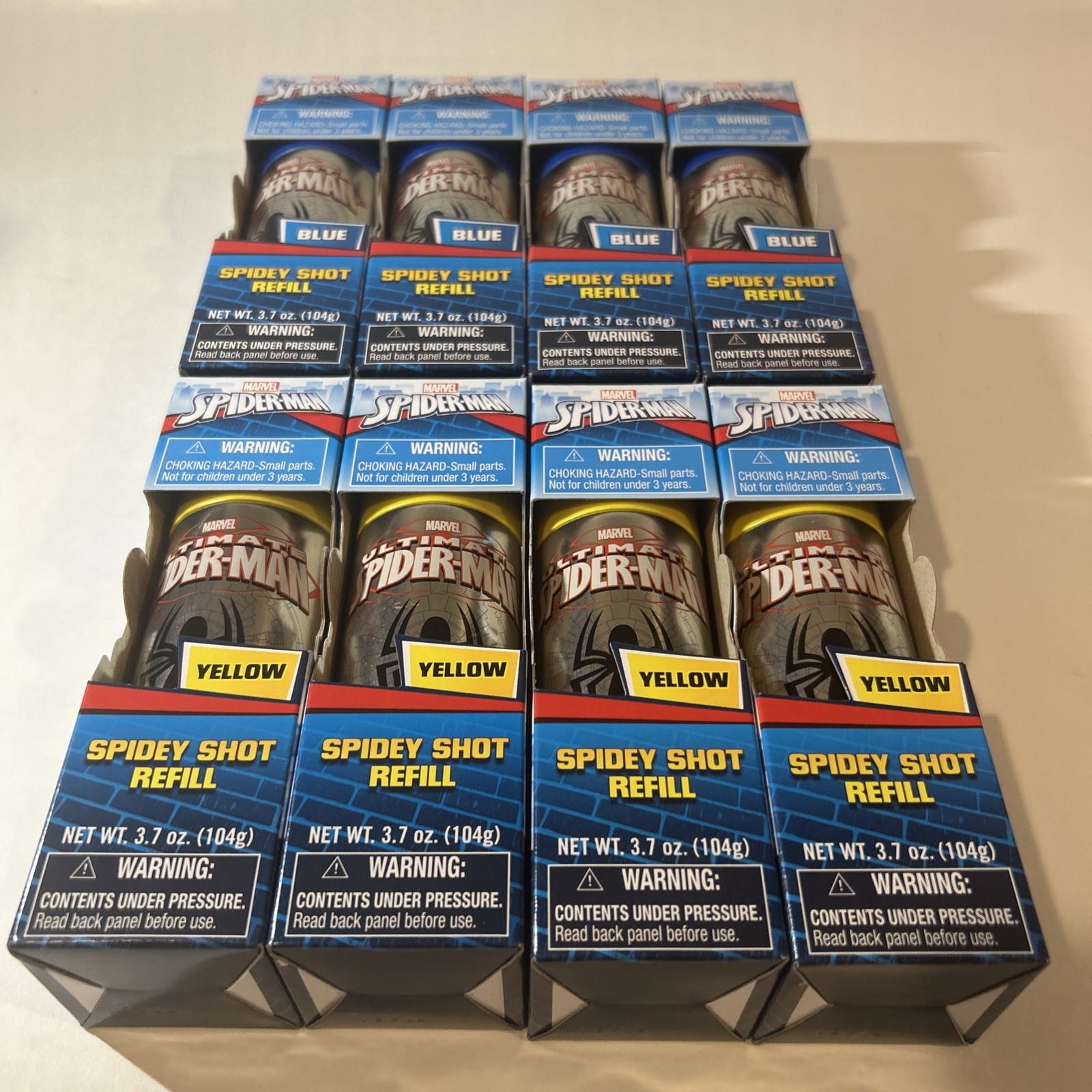 8-Ultimate Spiderman Shot Web Fluid Refill-4Yellow/ 4 Blue -New!!!