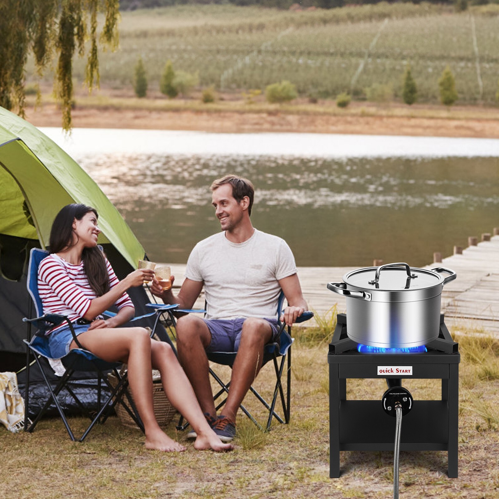 200K BTU Propane Burner, Heavy-Duty Outdoor Stove, Adjustable 0-20PSI Regulator