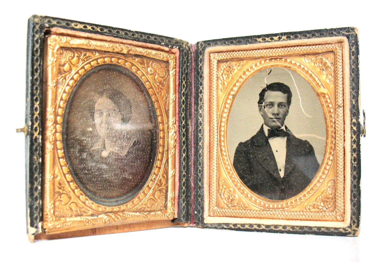 Antique Civil War Double Photograph Photo in Hinged Book Frame Man and Lady