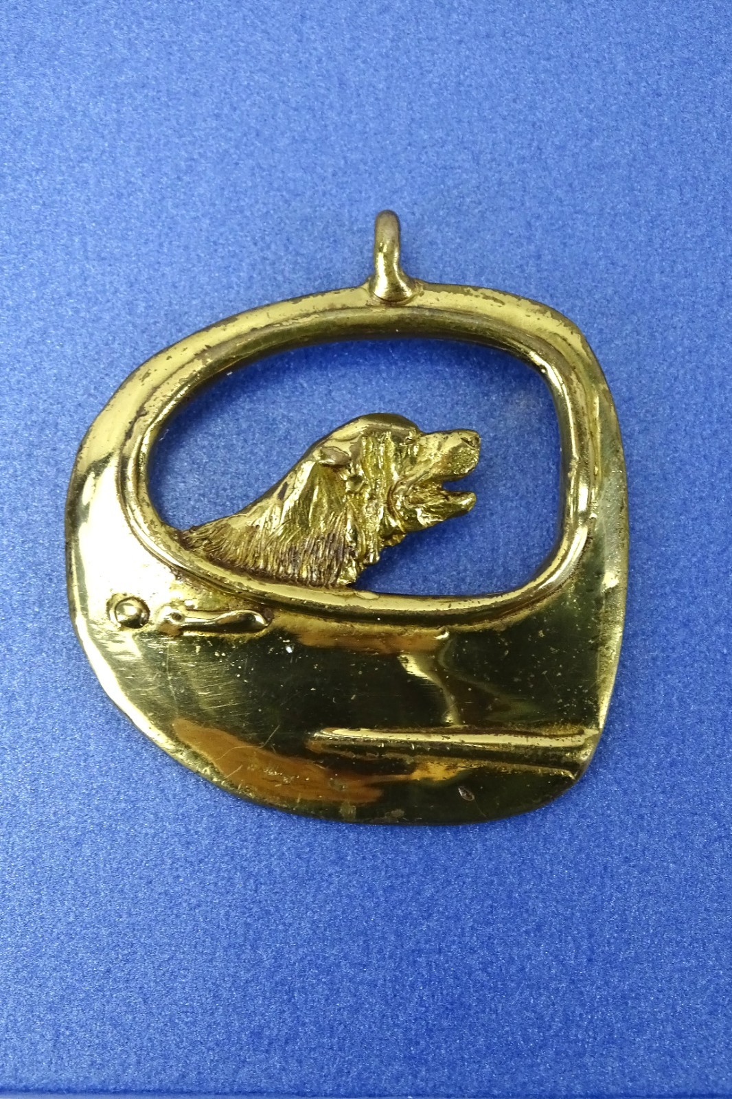 Vintage MCM Brass Pendant, Dog in Car Window, 2” x 2”