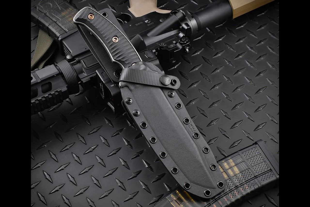 RMJ Tactical Combat Asia Acid Etched Blade w/ Black G-10 Handles and Sheath