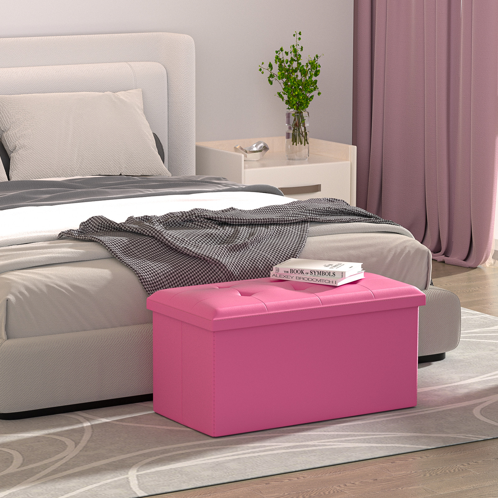 30" Dark Pink Folding Storage Ottoman Foot Stool Bench Chest w/Flipping Lid