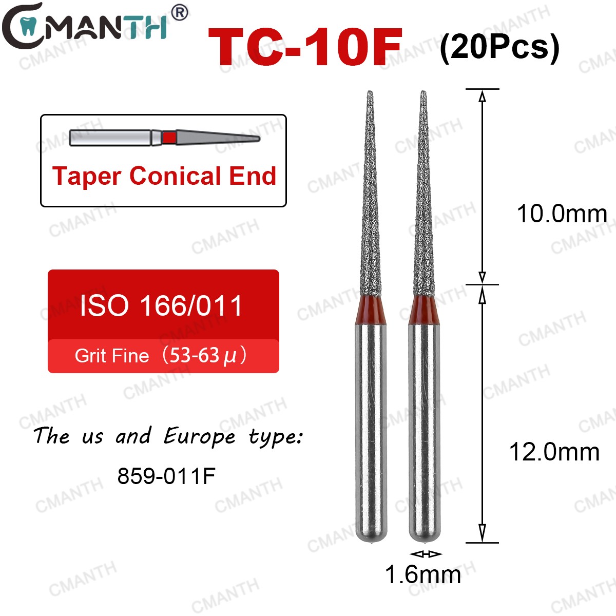 20PCS Dental Diamond Burs TC Taper Conical FG High Speed Bur Extra Fine Grit 859