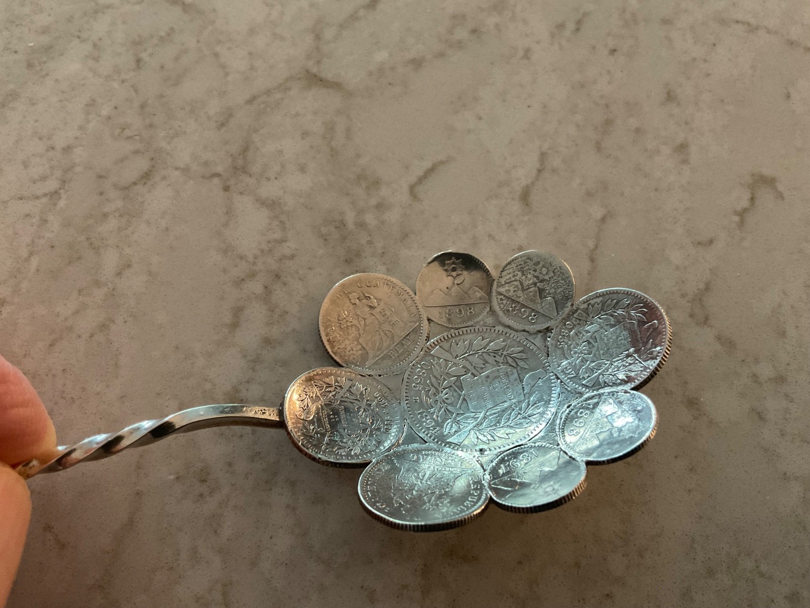 RARE ONE OF A KIND ANTIQUE GUATEMALAN SILVER COINS MADE INTO A SPOON
