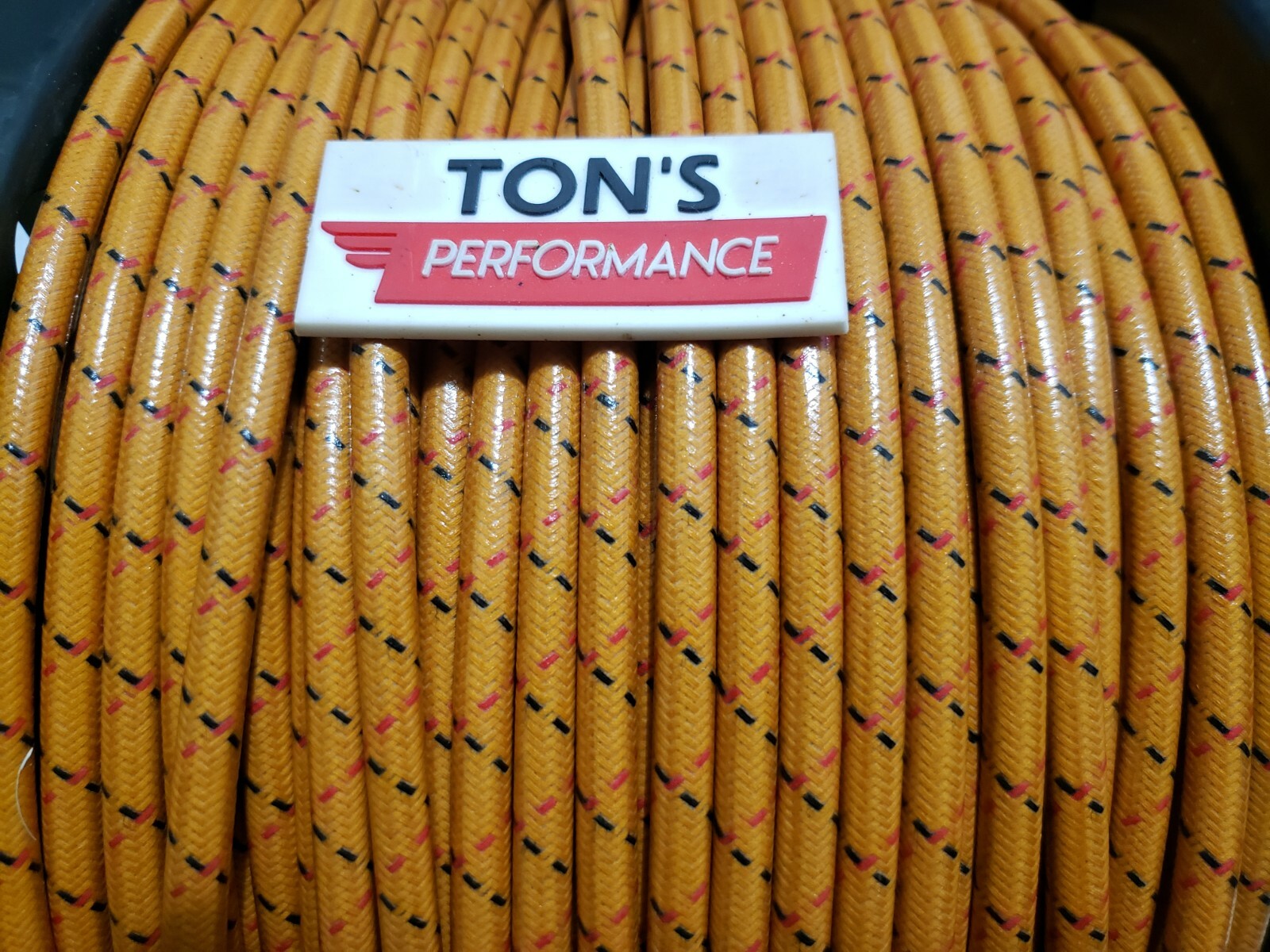7mm COPPER CORE BRAIDED CLOTH Orange with Black Red tracers SPARK PLUG WIRE foot