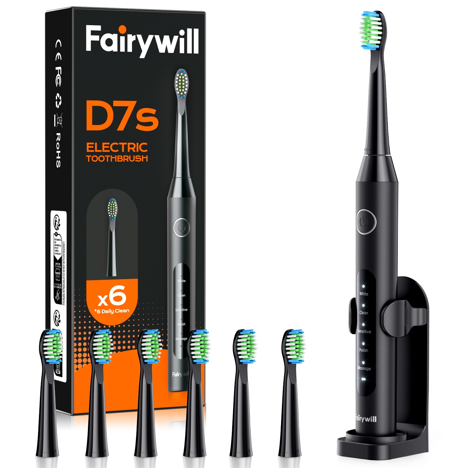 Fairywill Electric Toothbrush Sonic Toothbrush USB Rechargeable 6 Heads 5 Modes