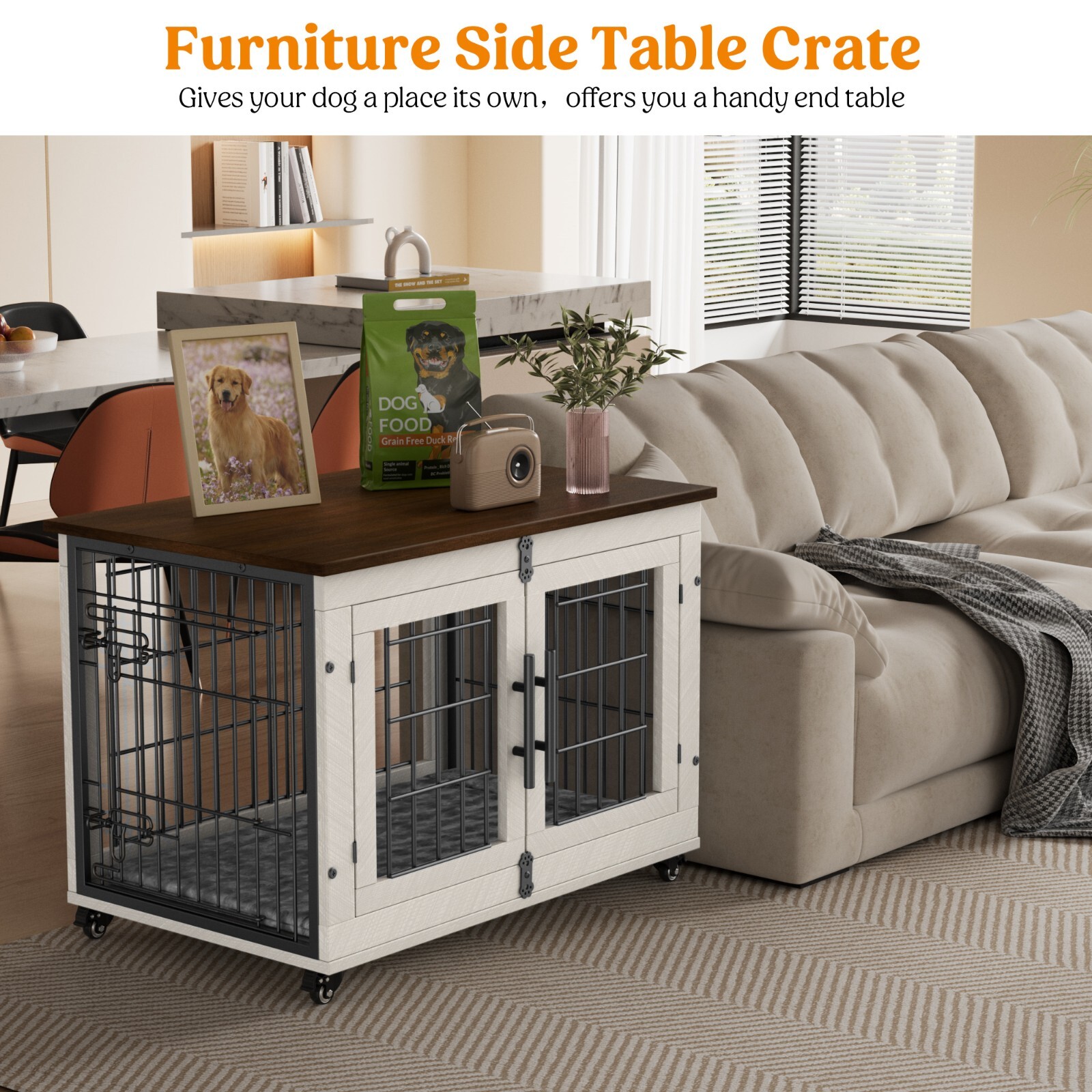 Dog Crate Furniture Dog Kennel Indoor Double Doors Wooden Cage & Cushion White
