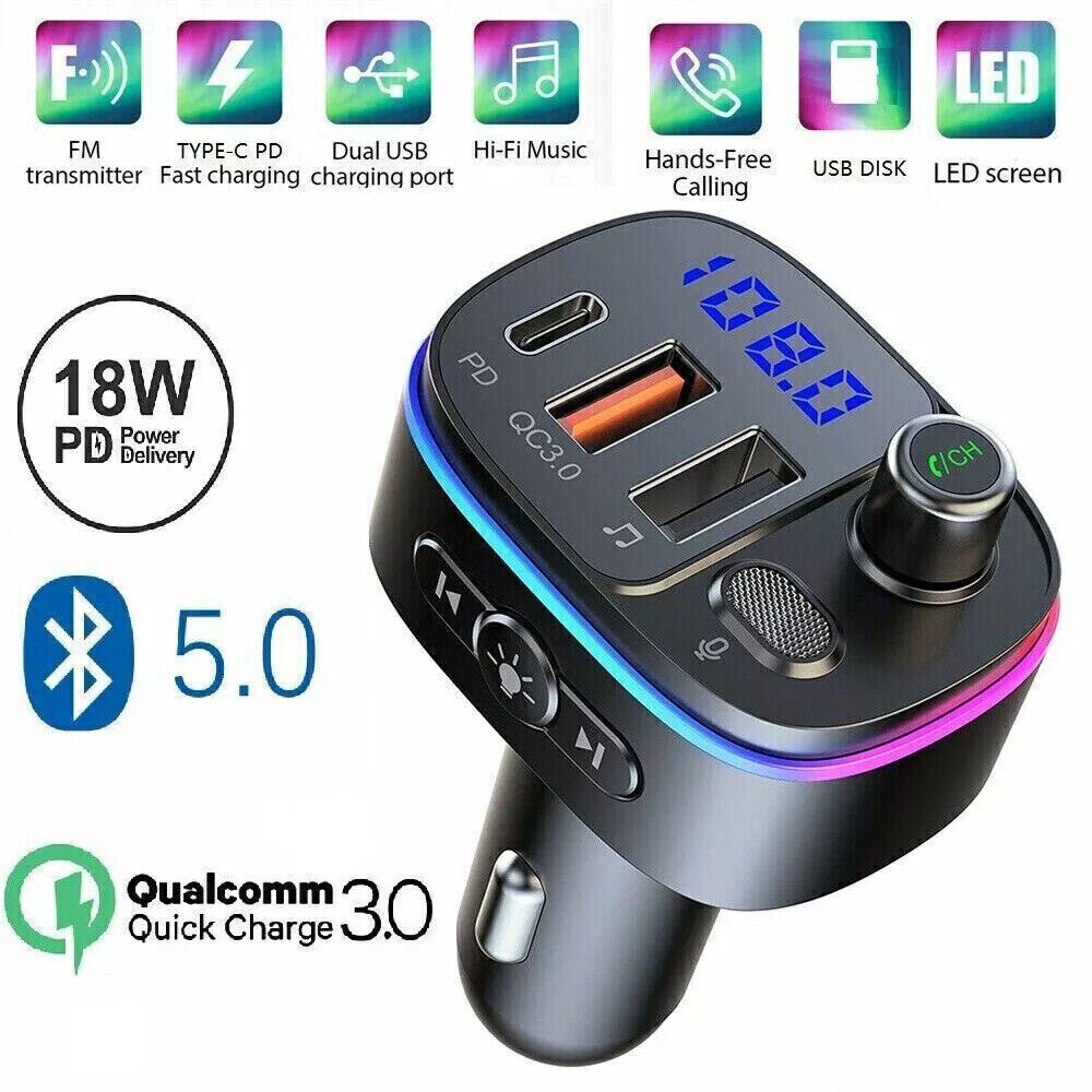 Car Wireless Bluetooth5.0 FM Transmitter MP3 Player QC3.0 USB Car Charger Adapte