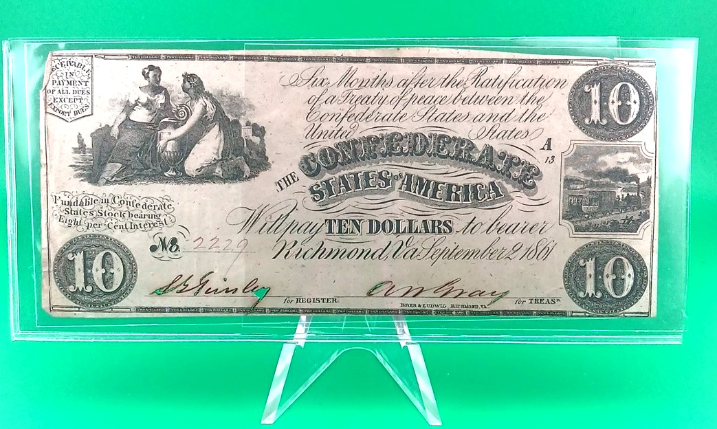 1861 $10 Confederate States of America Note T-28 Ceres Commerce Train CSA
