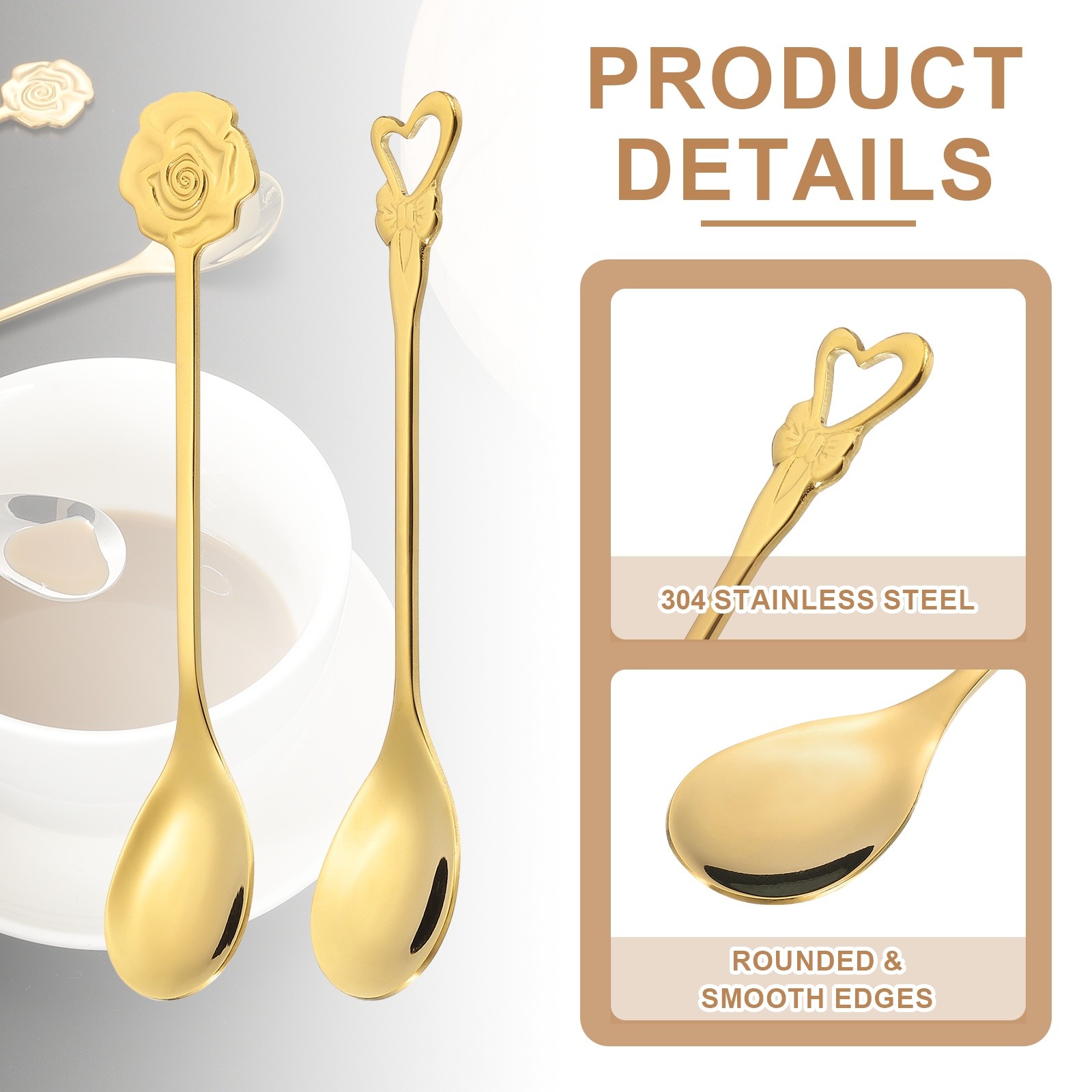 4pcs Coffee Spoons, Heart/Rose Tea Spoons Stainless Steel, Gold
