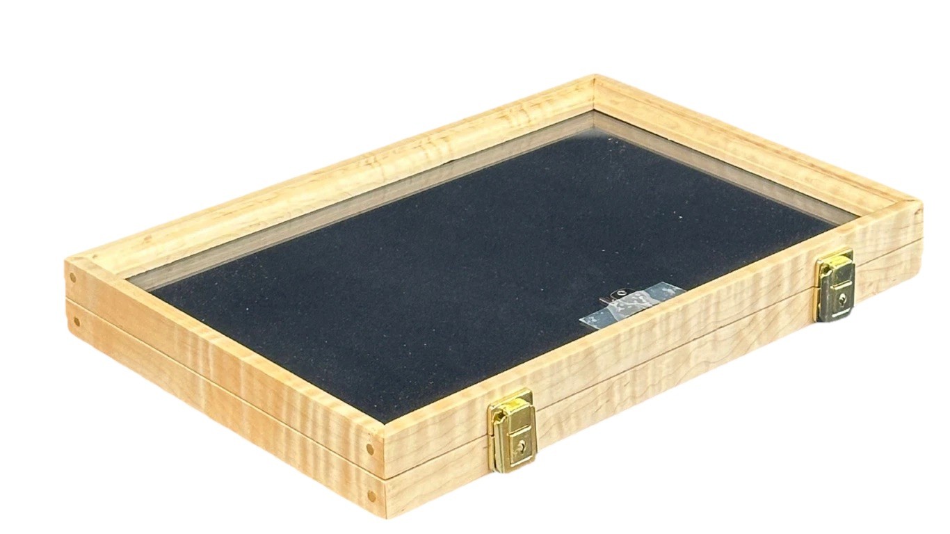 Curly Maple Wood Display Case 12 x 18 x 2 Black Liner for Arrowheads or Knives
