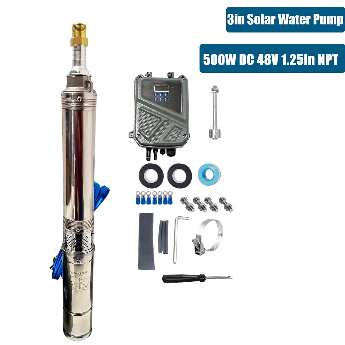 500W DC 48V 3" Solar Pump Submersible Pump Bore Deep Well Pump + MPPT Controller