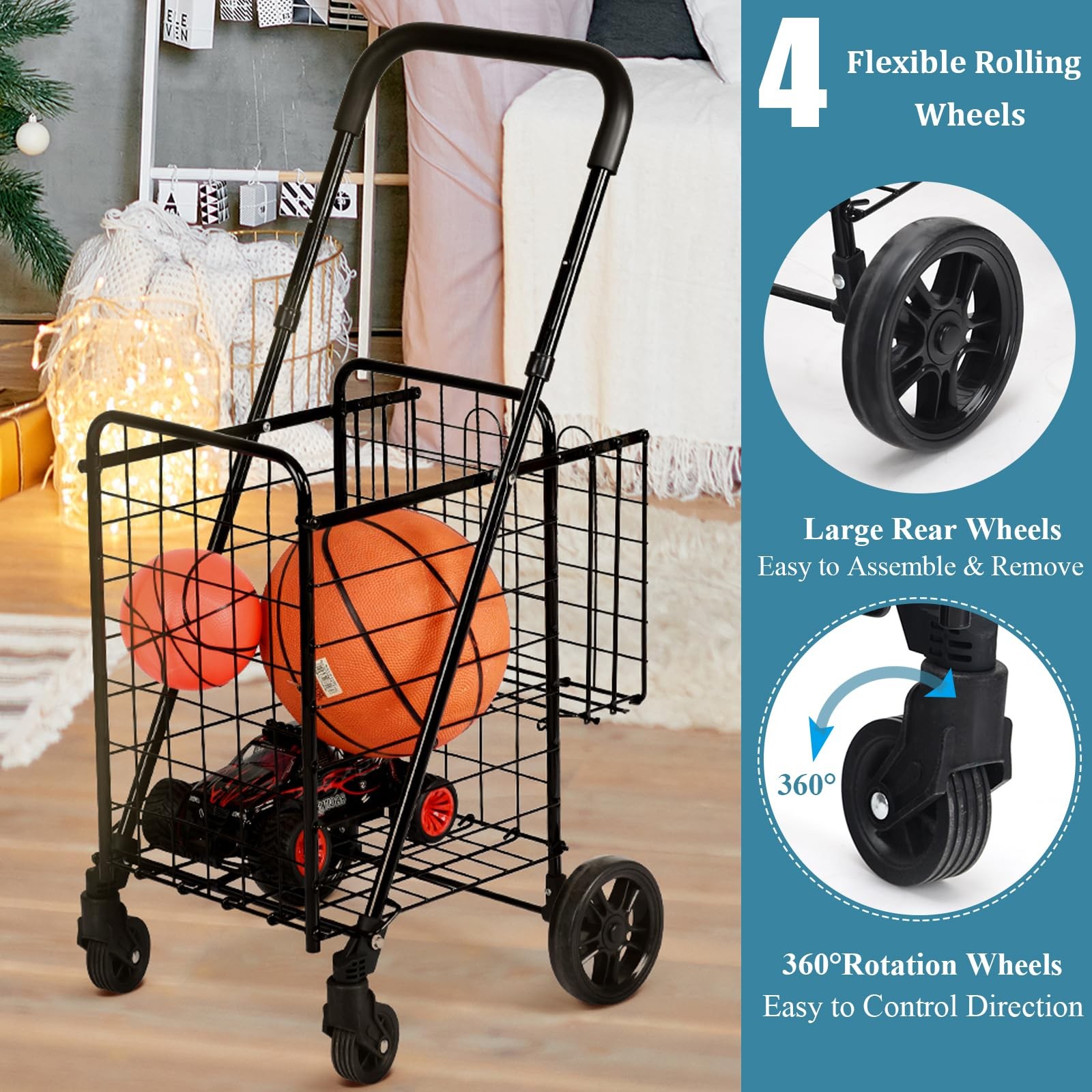 Foldable Heavy Duty Grocery Cart Adjustable Handle Extra Basket 360 Wheels