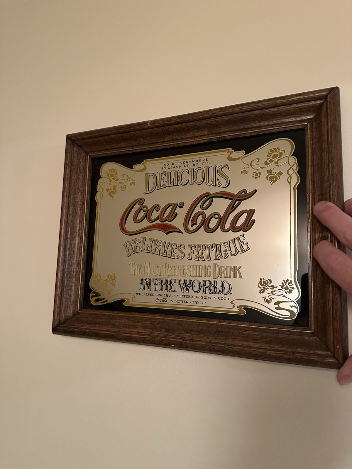Vintage Delicious Coca Cola Wood Framed Mirror Sign Most Refreshing Drink