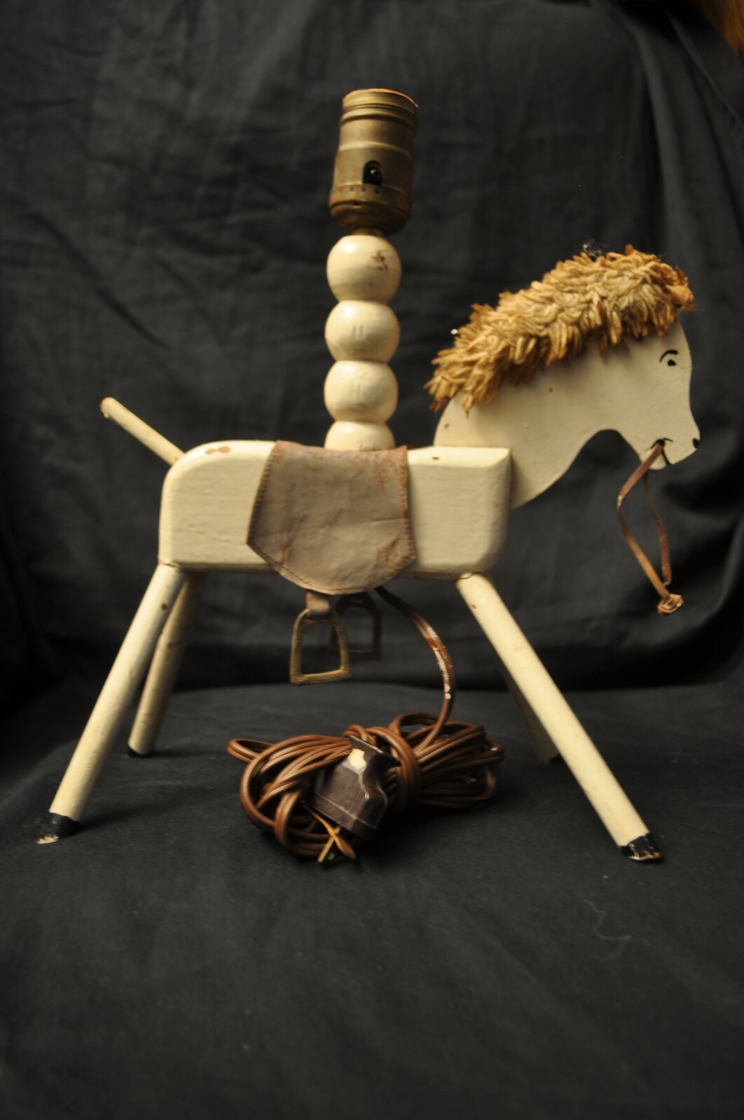 Wood White Horse / Pony Lamp Vintage / Antique w/ Leather Saddle