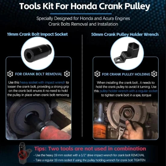 For Honda Crank Pulley Tool 19mm Harmonic Balancer Socket & 50mm Crankshaft..
